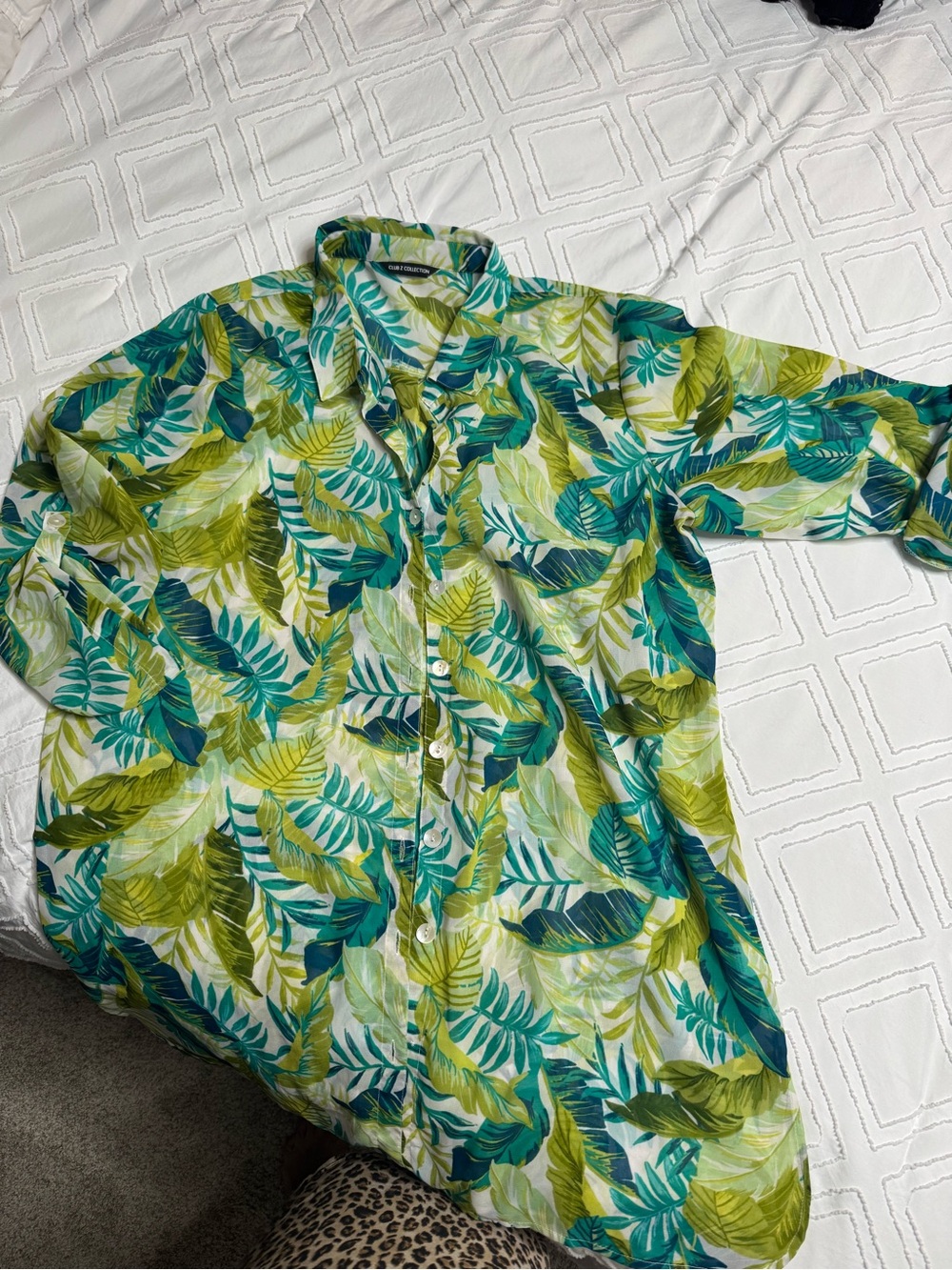 Tropical Leaf Print Button-Up Shirt/ Swim Cover-up - Green Teal